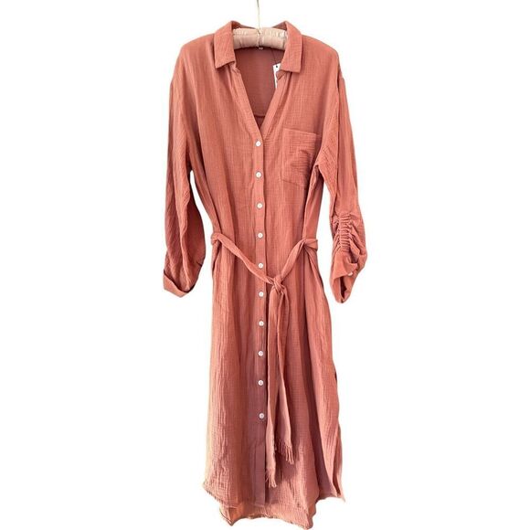 Heartloom Women's Button Front Gauzy Belted Isadora Shirt Dress Clay Medium NWT - Picture 2 of 11
